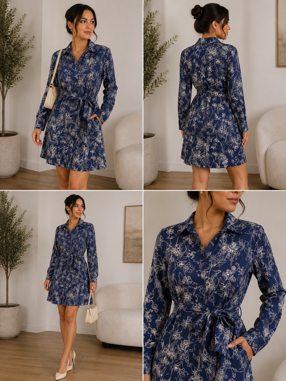 Women's Navy Floral Long Sleeve Shirt Dress